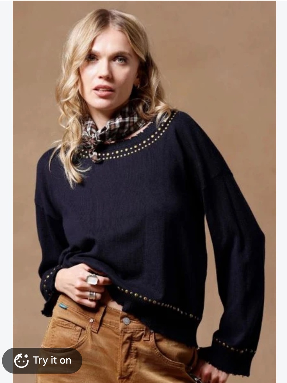 Minnie Rose Navy  Stud-Trim Crewneck Cotton/Cashmere Sweater - Women New small